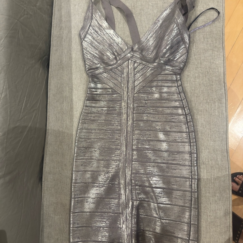 Herve Leger Metallic Silver Midi Bandage Dress